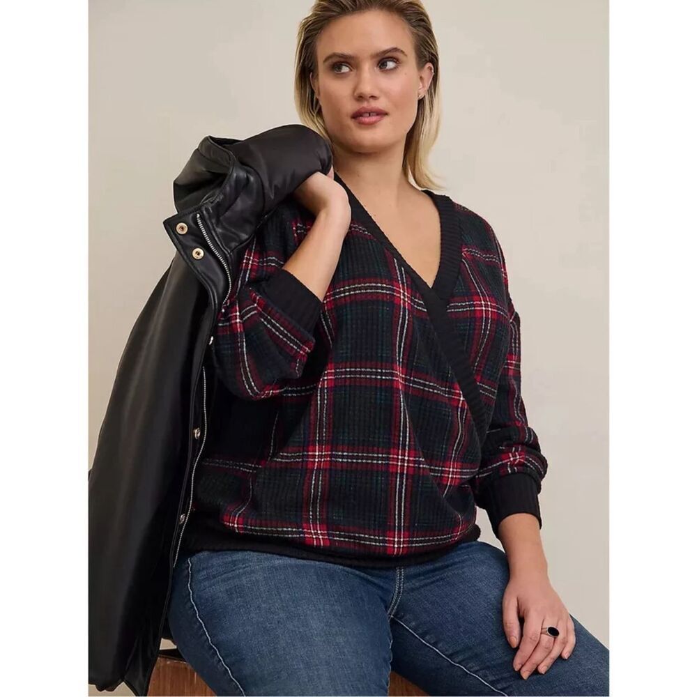 TORRID Holiday Sweater 6X Black Red Brushed Waffle Surplice Drop Shoulder Top